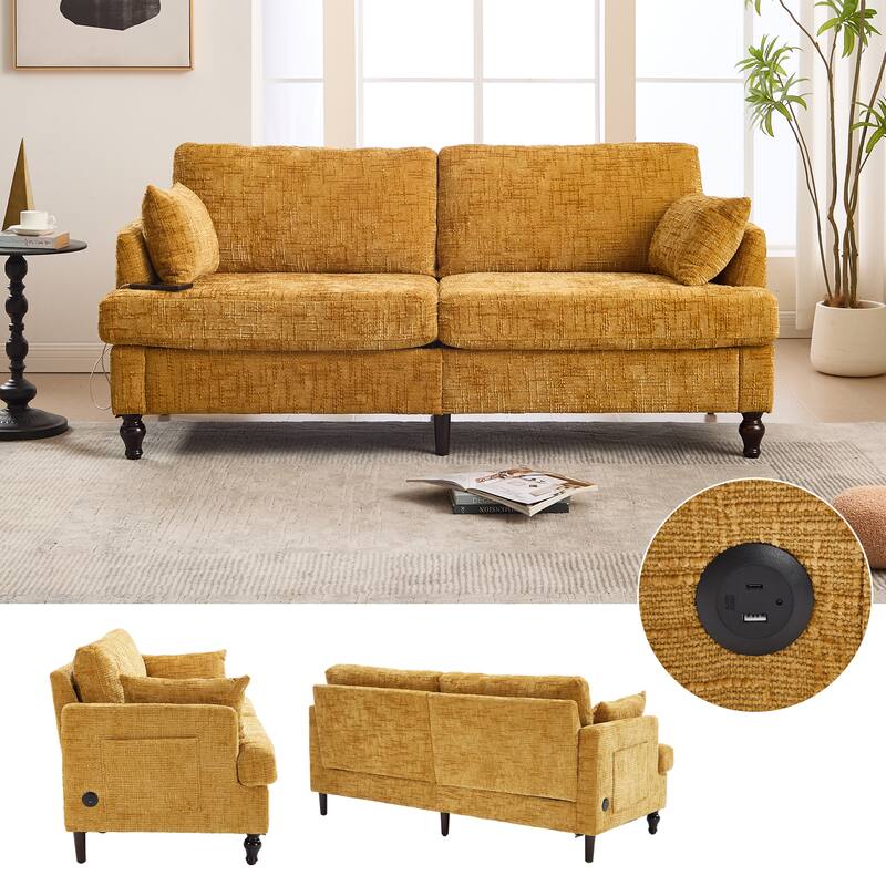Modern Style Chenille 2-Seater Wood-Legged Sofa With Led Light, Usb Charging Port And Storage Bag Living Room Bedroom Study Room - Mustard yellow