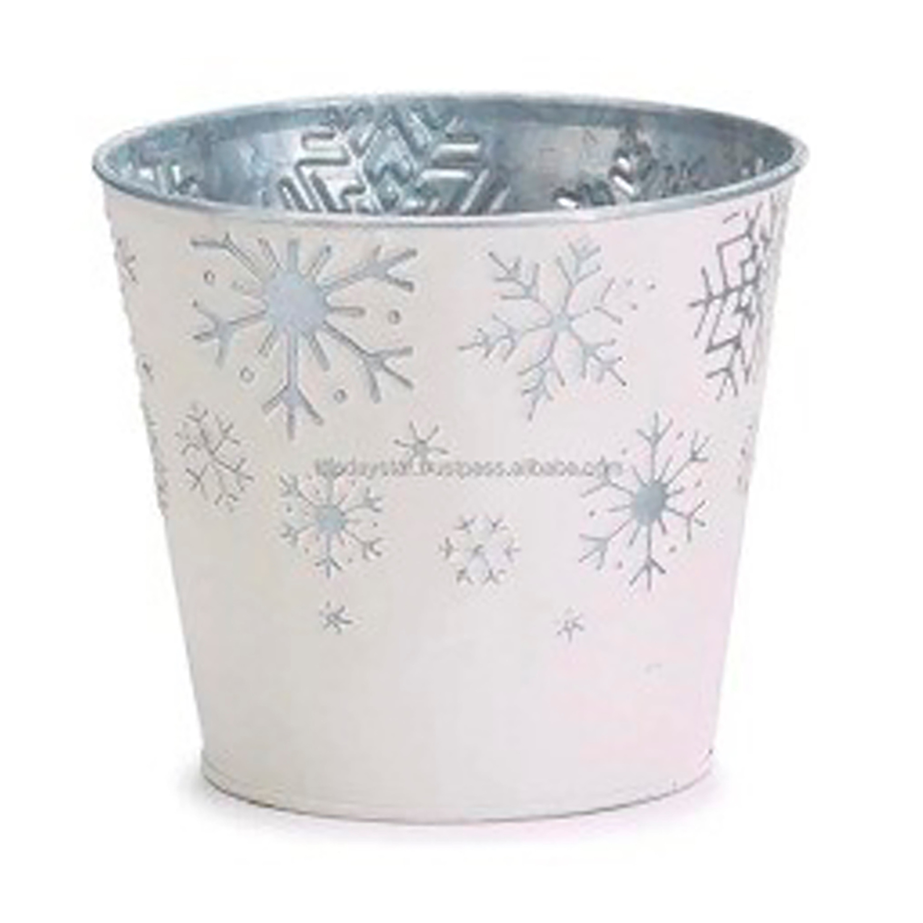 White Metal Galvanized Christmas Planter with Snowflakes, 9.5" Height, 9" Width, Set of 2