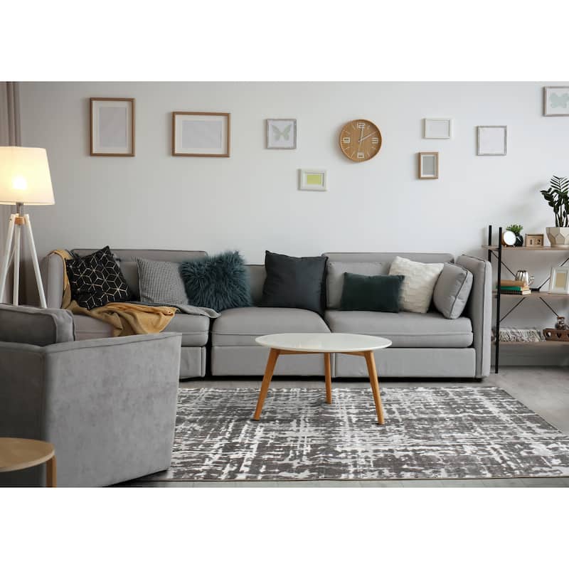 Washable Collection - White/Grey Abstract Soft Area Rug