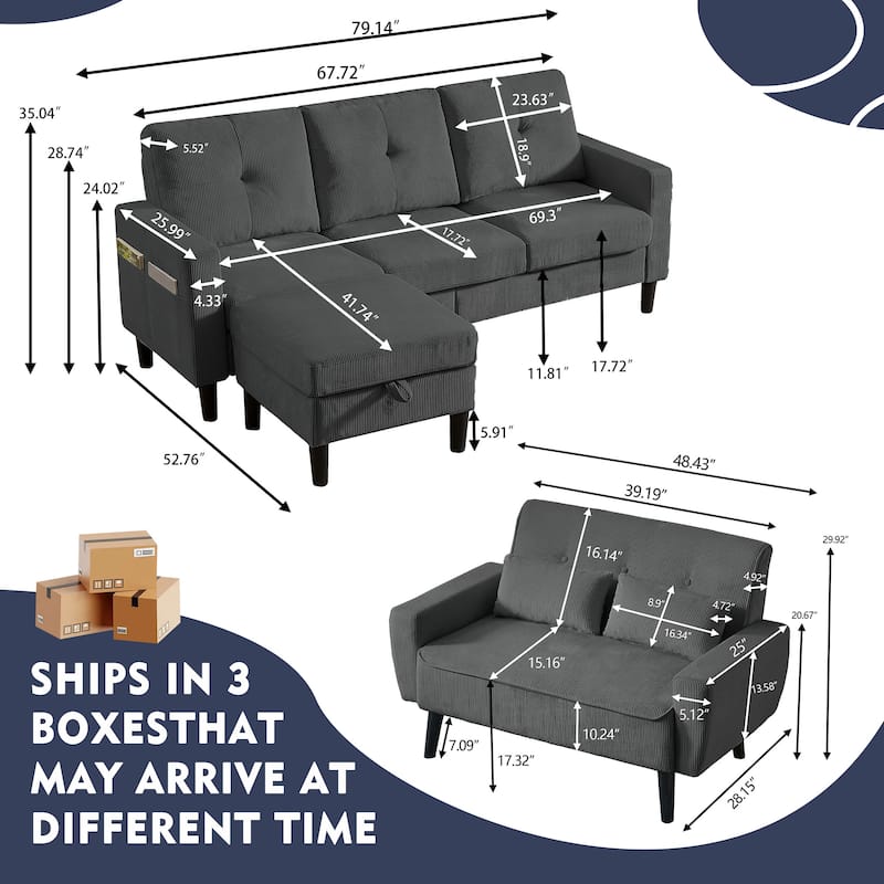 79.14" Corduroy 3 Piece Living Room Set with Sofa,Storage Ottoman and Loveseat