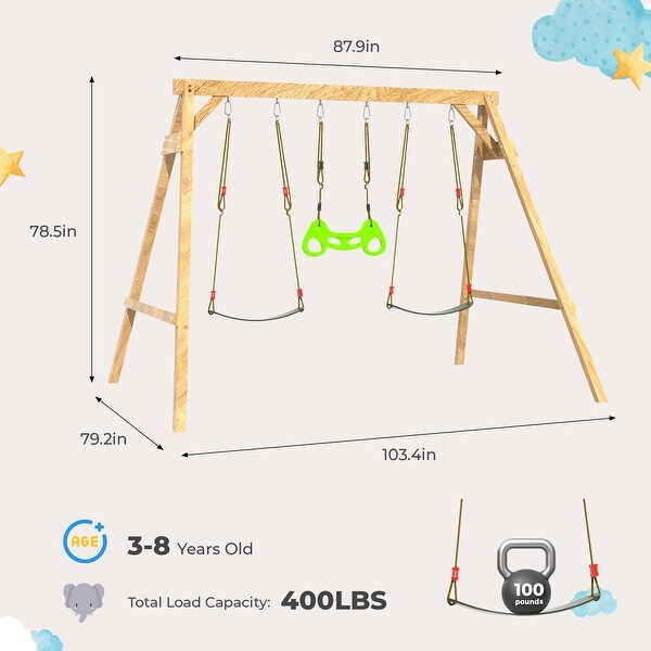 EROMMY All-Weather Cedar Wooden Swing Set - 2 Belt Swings