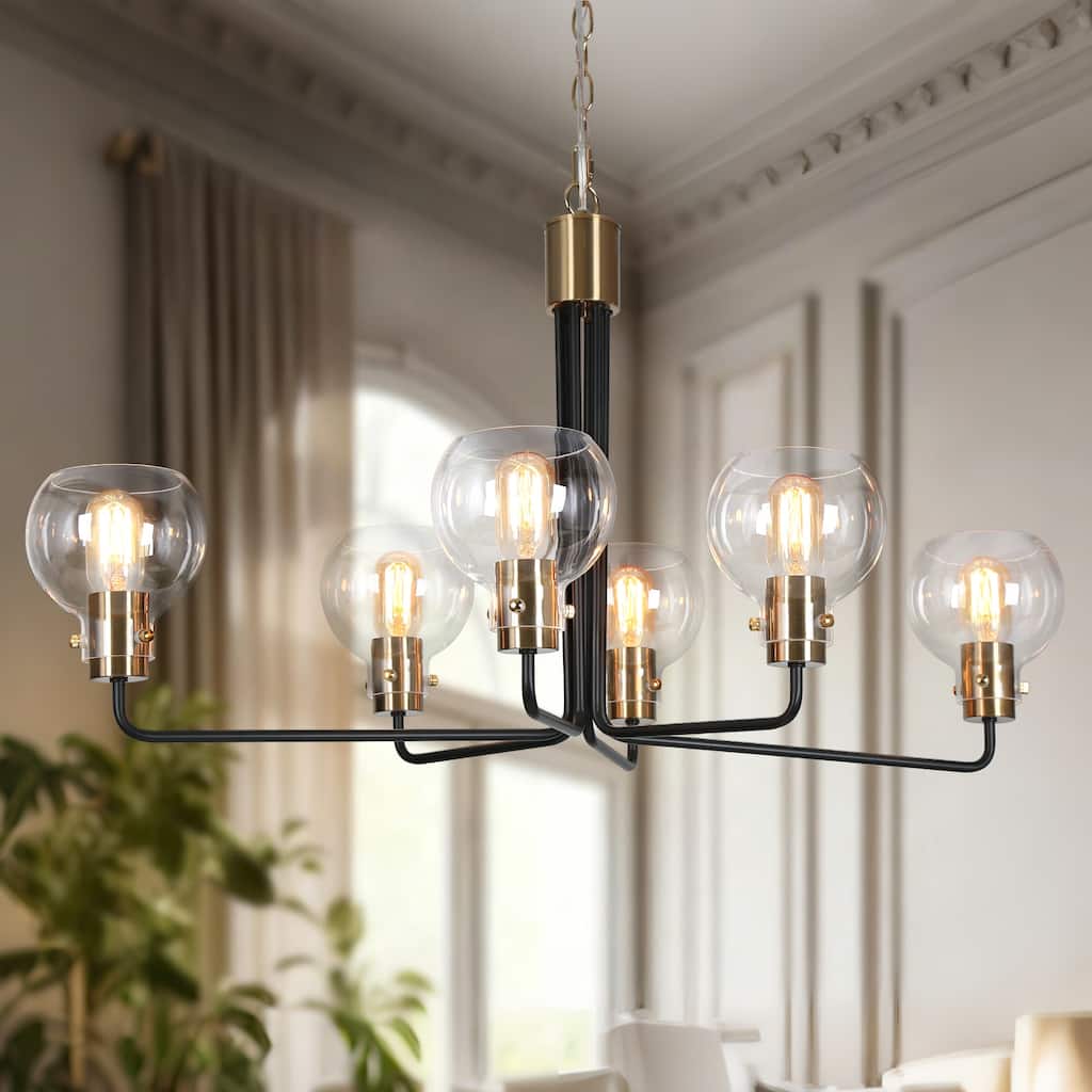Modern 6-Light Black Gold Wheel Chandeliers Globe Glass Pendant Light for Dining Room