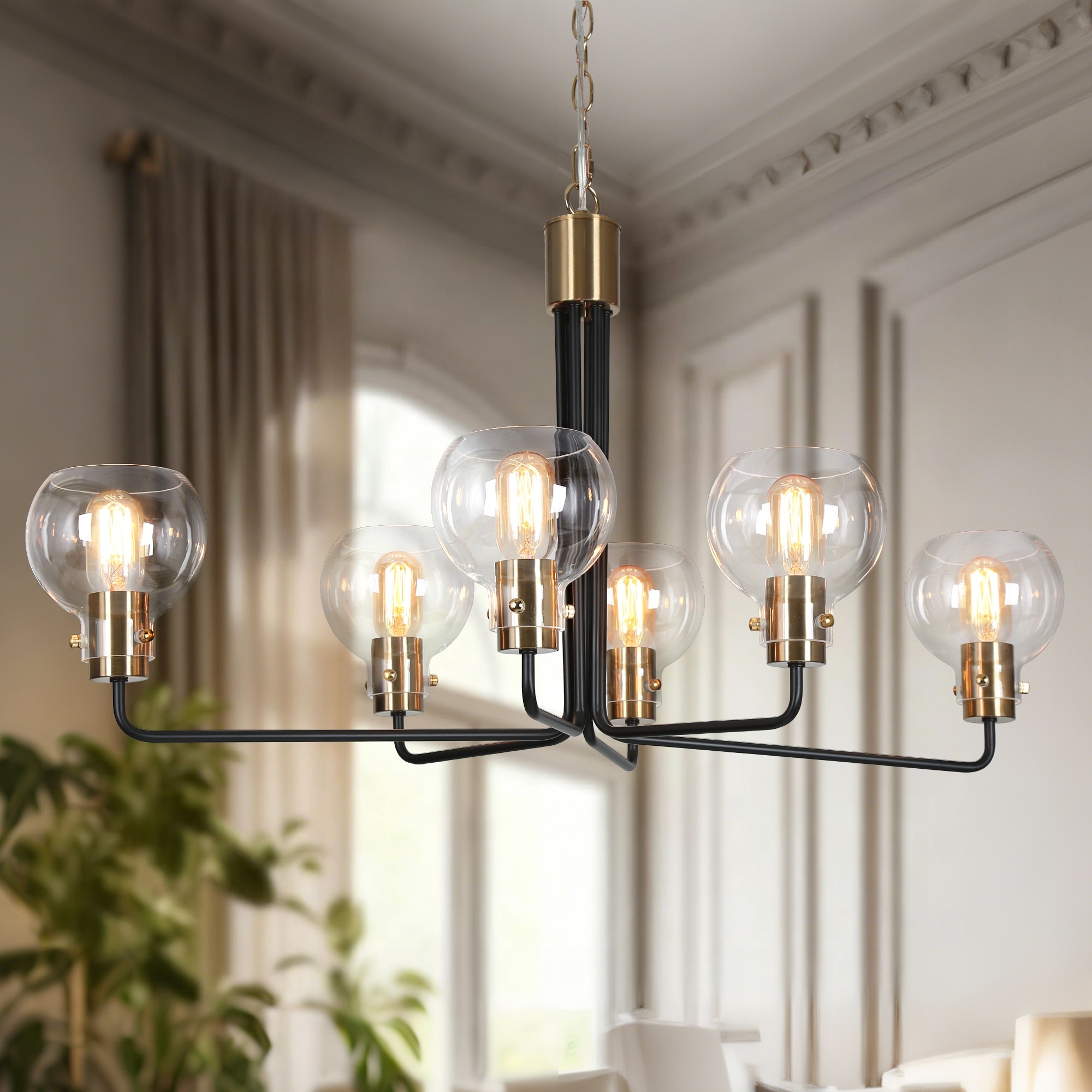 Modern 6-Light Black Gold Wheel Chandeliers Globe Glass Pendant Light for Dining Room