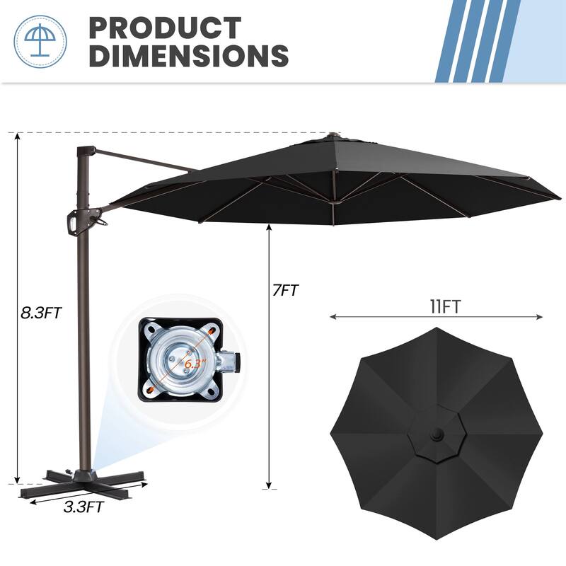 Outdoor 11 Ft Patio Cantilever Offset Umbrella with 360 Degree Rotation