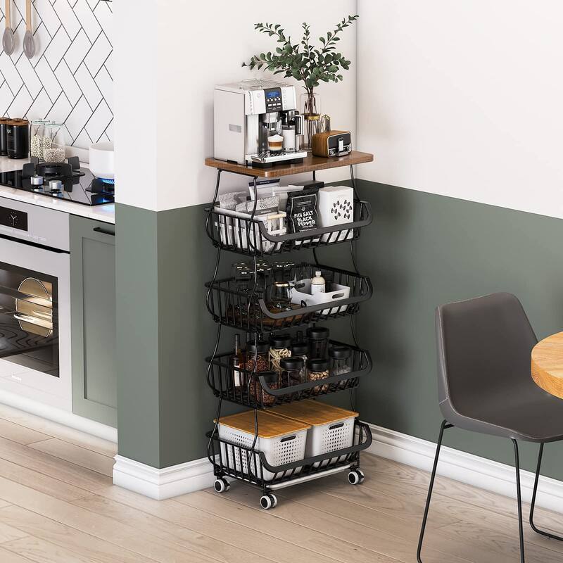 5 Tier Fruit Vegetable Basket for Kitchen with Wooden Tabletop, Storage Cart Vegetable Basket Bins for Onions and Potatoes