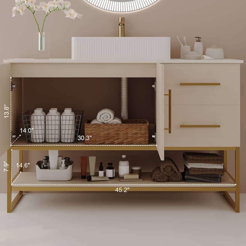 All-in-one Bath Storage Set, Freestanding Bathroom Vanity with Vessel Textured Ceramic Sink and Gold Stainless Steel Base