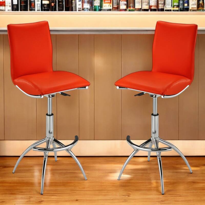 Set of 2 Contemporary Bar Stools with Faux Leather Saddle Seats and Adjustable Metal Base - 39”H x 17”W x 15”D - Red-Silver