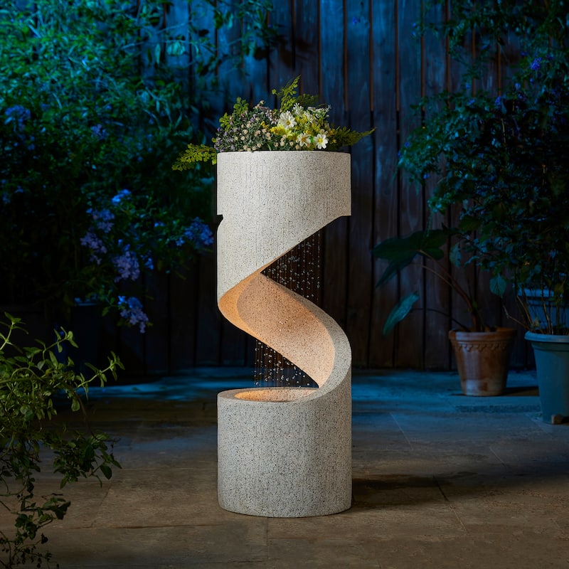 32-Inch Modern Polyresin LED Spiral Outdoor Fountain With Small Planter by Glitzhome