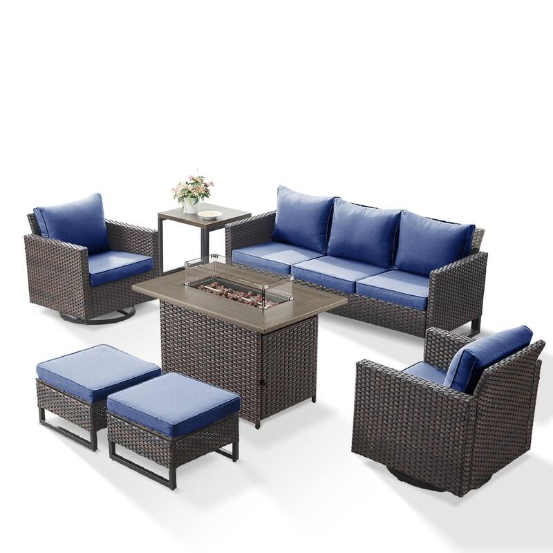 Outdoor Sofa Swivel Chairs Ottomans and Fire Pit Table