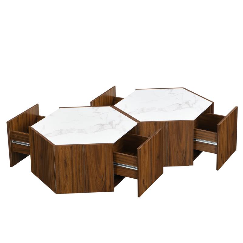 Hexagonal Rustic Retro Wood Coffee Table, with 2 Hidden Drawers, Textured White Marble Tops,Walunt Oak Finish - Perfect
