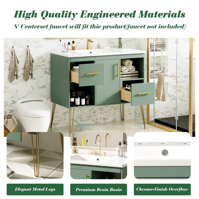 Freestanding Green Storage Cabinet for Bathroom Vanity with Resin Sink, 2 Drawers, 2 Storage Compartments and Gold Handles