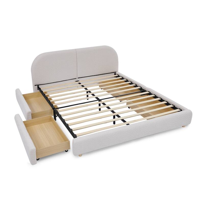 Queen Size Upholstered Bed Frame Modern Minimalist Style - Circle Yarn Fabric, Tall Curved Headboard