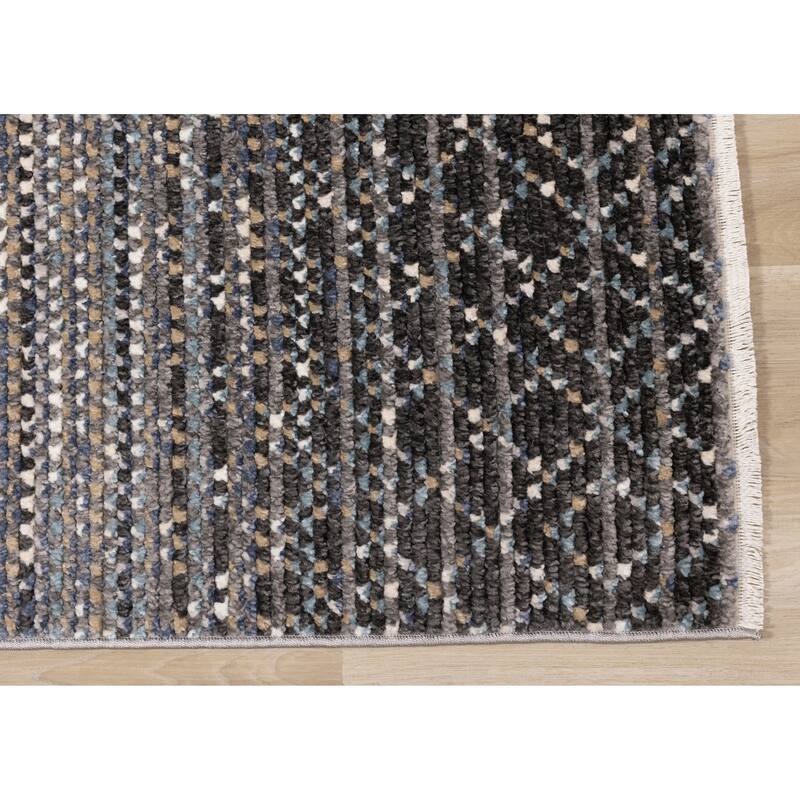 Cali Collection -Blue/Grey/White Texture Banded Pattern Rug
