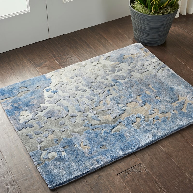 Nourison Prismatic Shimmering Carved Blue Ivory Abstract Area Rug