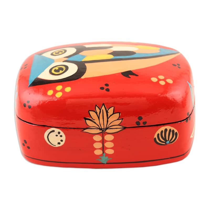 Novica Handmade Owl Story In Red Decorative Papier Mache Box