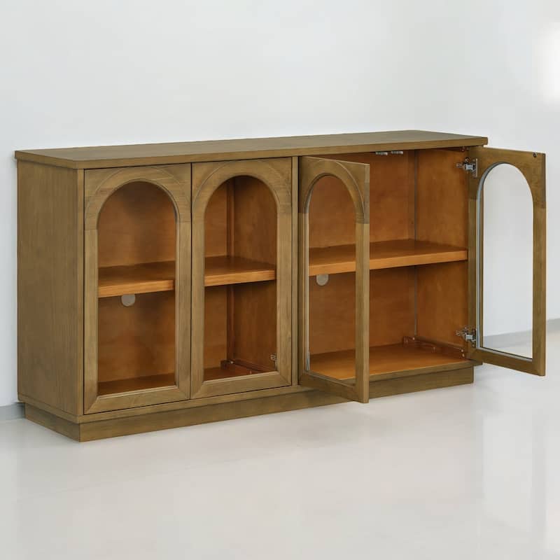 4-Door Large Storage Buffet Cabinet with Glass Doors, Adjustable Shelves and Arched Design for Kitchen, Dining Room
