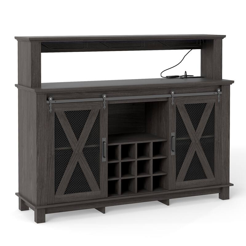 EROMMY Farmhouse Coffee Bar Cabinet with LED Lights, Sliding Barn Door, Wine Racks and Glass Holder, Home Liquor Cabinet