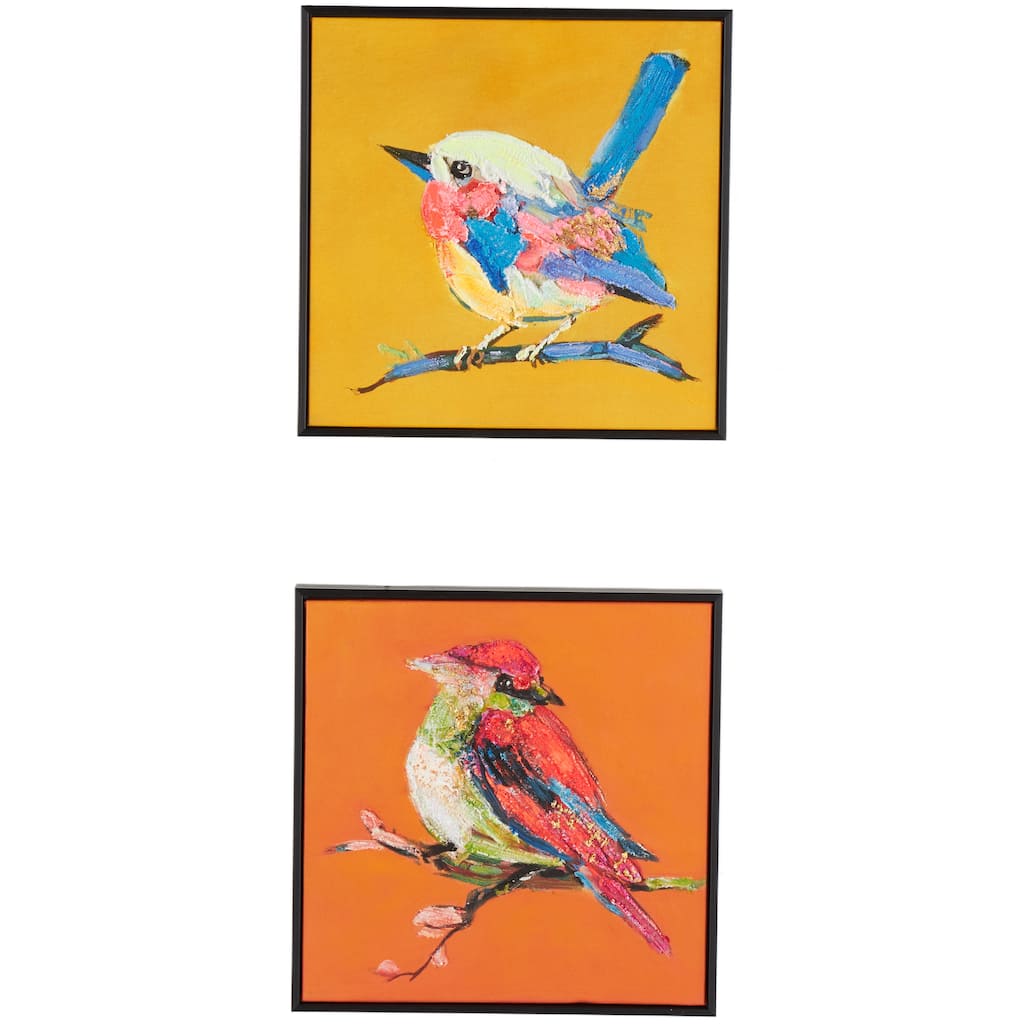 Canvas Bird Colorful Framed Wall Art with Black Frame and Gold Foil Accents - Set of 2 Multi Colored - Roche River Decor