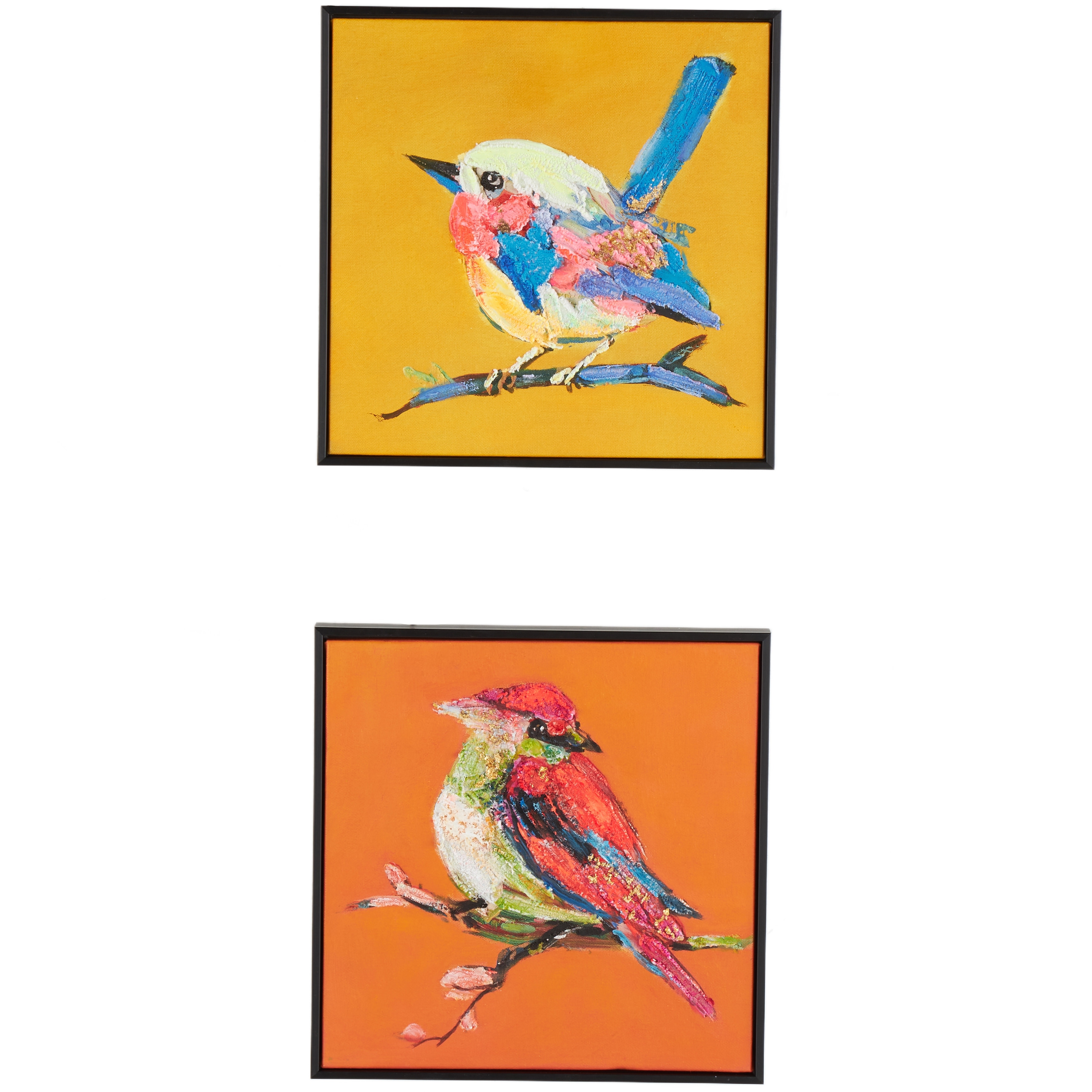 Canvas Bird Colorful Framed Wall Art with Black Frame and Gold Foil Accents - Set of 2 Multi Colored - Roche River Decor