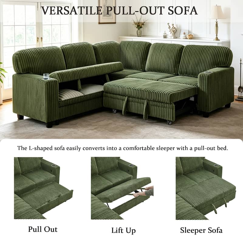 GDFStudio - Modern 5-Seat Sectional L-Shaped Sofa with Pull-Out Sleeper Bed, Storage, Cup Holder & USB Charging - 81"W