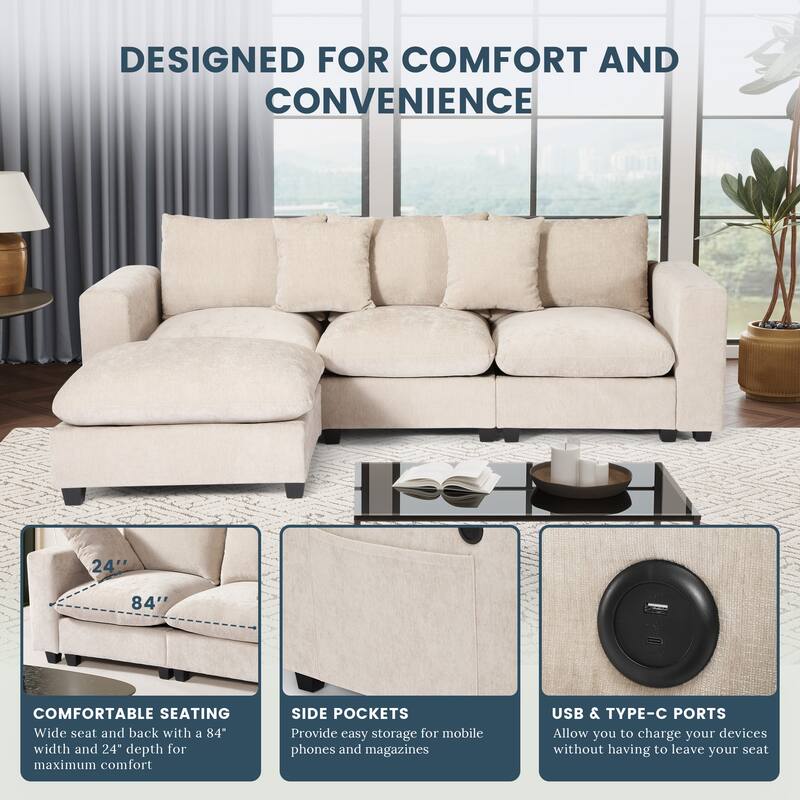 Lucca 4-Piece Chenille Upholstered Modular Sectional with USB Port