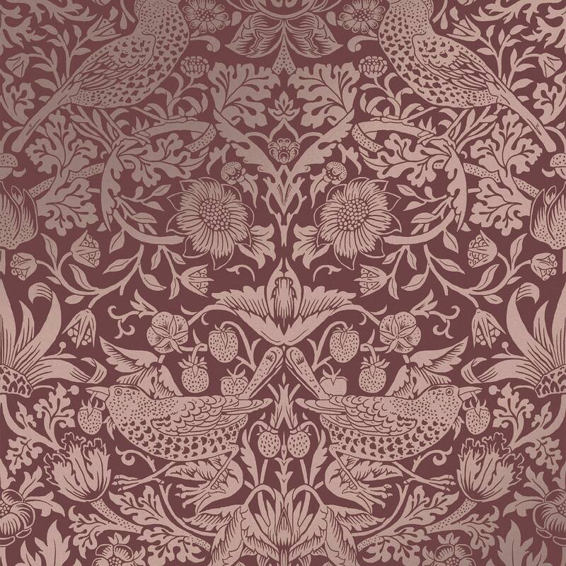 William Morris Strawberry Thief Fibrous Burgundy Wallpaper
