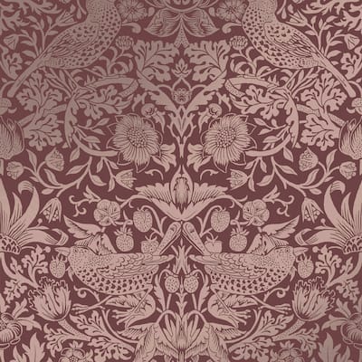 William Morris Strawberry Thief Fibrous Burgundy Wallpaper