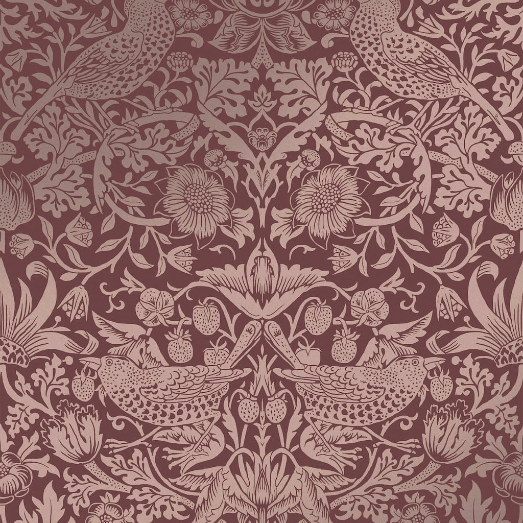 William Morris Strawberry Thief Fibrous Burgundy Wallpaper