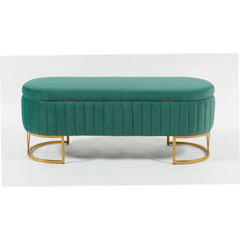Oval Velvet Storage Bench with Metal Legs - Upholstered Bedroom Bench, Modern Storage Ottoman Bench for Living Room or Bedroom - Green
