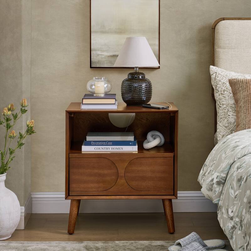 Mid Century Modern Walnut Nightstand with USB Ports, Outlet Hole, Drawer & Open Shelf, Fluted Design, MDF Frame