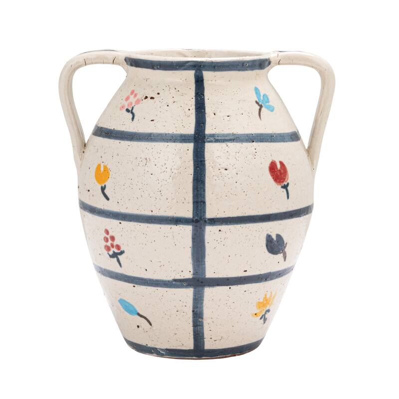 Hand-Painted Terra-cotta Urn with Flowers and Grid Pattern in Crackle Glaze