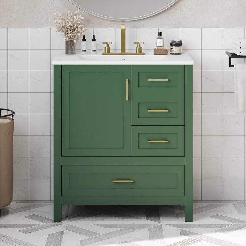 30" Modern Bathroom Vanity Set with Ceramic Sink - Soft-Close Doors & 3 Drawers, Storage Cabinet with Removable Tray - Green
