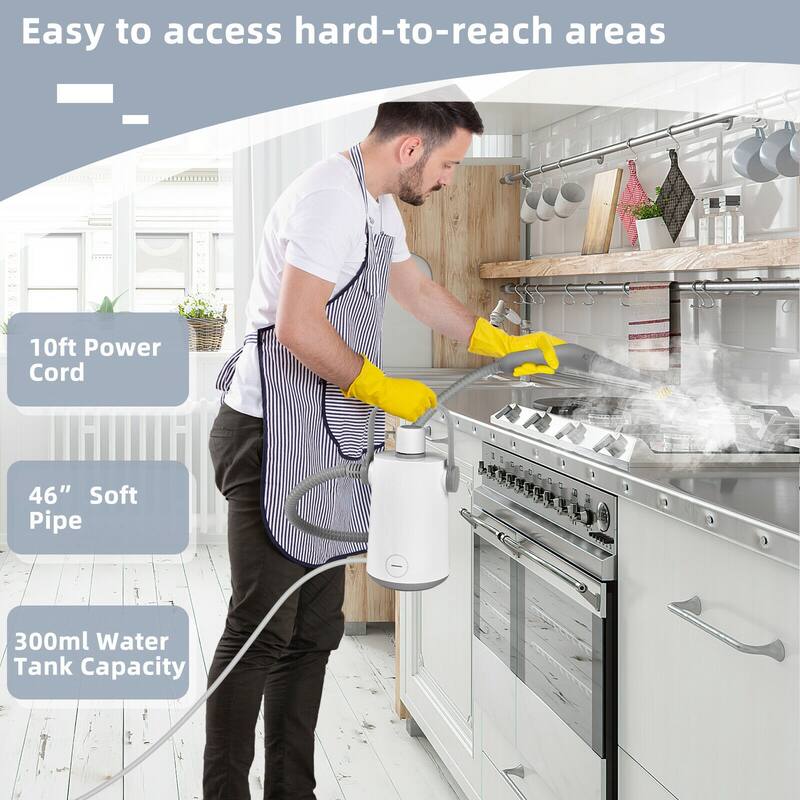 Home Steam Cleaner 1000W with 10.2oz Tank 12min Continuous Steam Long Hose and Cleaning Brushes - 5.5" x 5" x 10" (L x W x H)