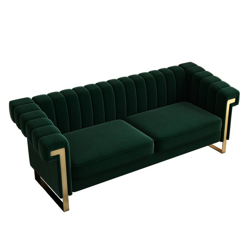 Leisure Sofa with Stainless Steel Metal Accents, Retro Green Velvet Upholstered Seat with Removable Cushions, Bedroom Loveseat