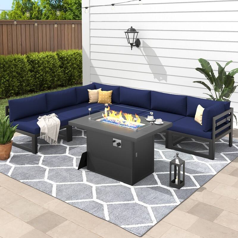 7 Piece Aluminum Patio Furniture Set with Fire Pit Propane/Gas, 29 inch Deep Wide Seat Aluminum Outdoor Sectional