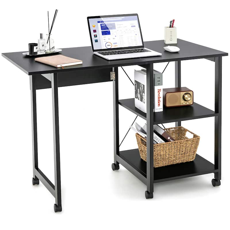 Costway Rolling Computer Desk Folding Writing Office Desk Storage - Black