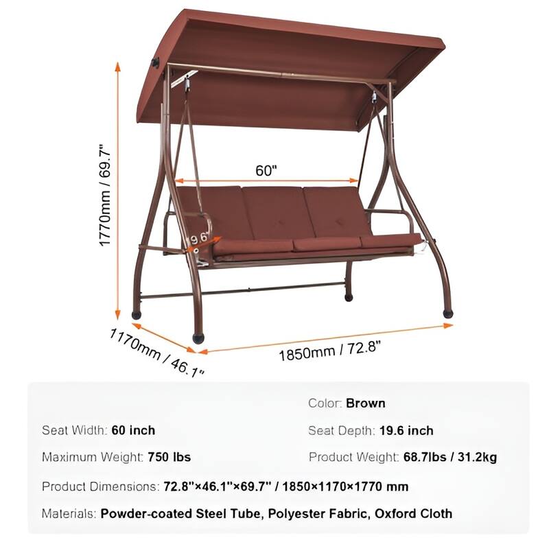 3-Seat Outdoor Swing Chair with Canopy and Cushions for Patio or Porch - 72.8"×46.1"×46.1"