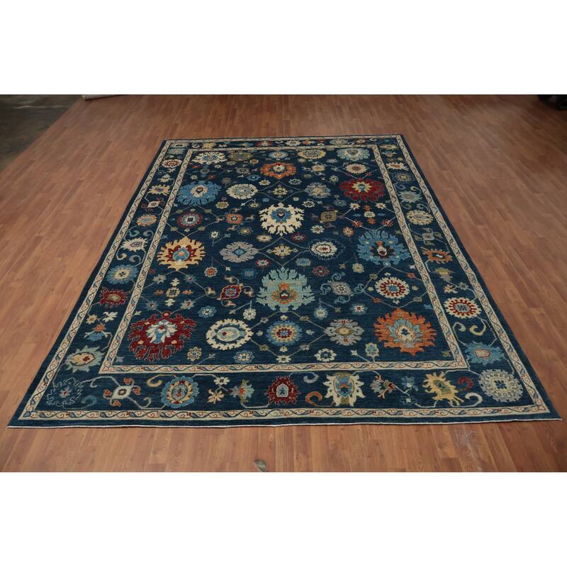 Hand Knotted Oriental 100% Wool Carpet Traditional All-Over Navy Blue & Blues Ziegler Area Rug - 12' 4'' X 8' 10''