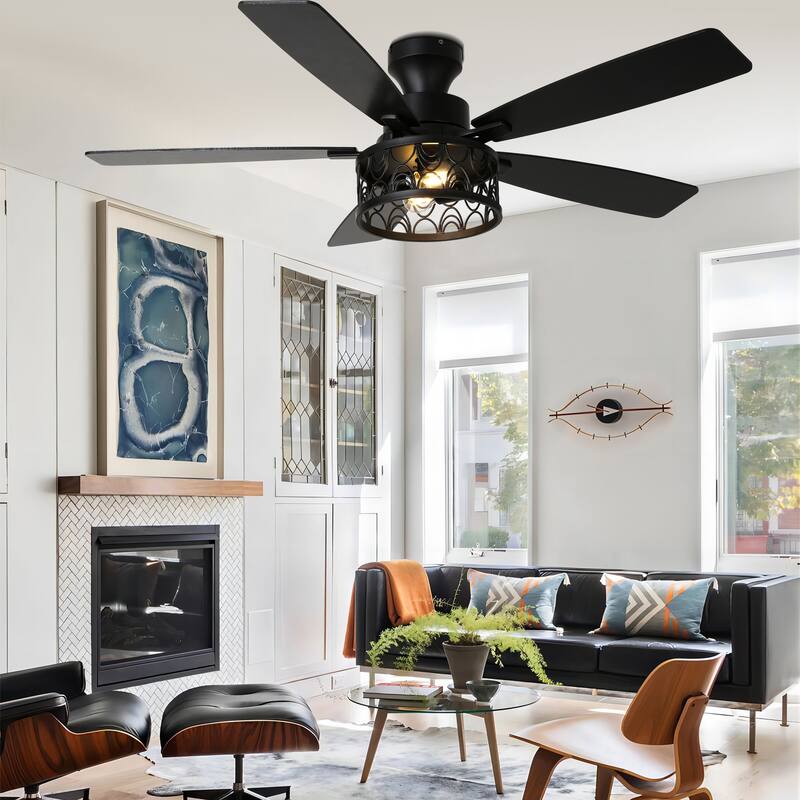 Bella Depot 52" Black Modern Flush Mount Ceiling Fan with Light and Remote