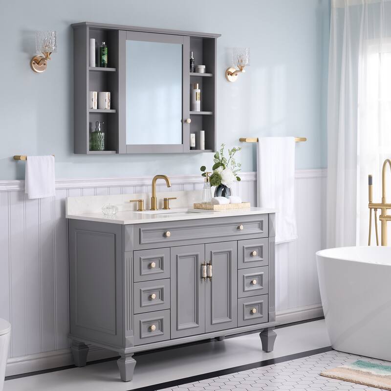 35'' H X48''W Solid Wood Bath Vanity with Stain-resistant Carrera White Quartz Top and Single Sink