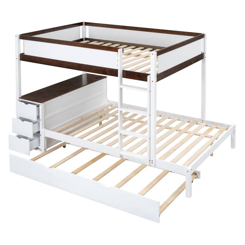 White+Walnut Bunk Bed with Twin Trundle, Desk, Drawers, USB Outlets, Guardrails