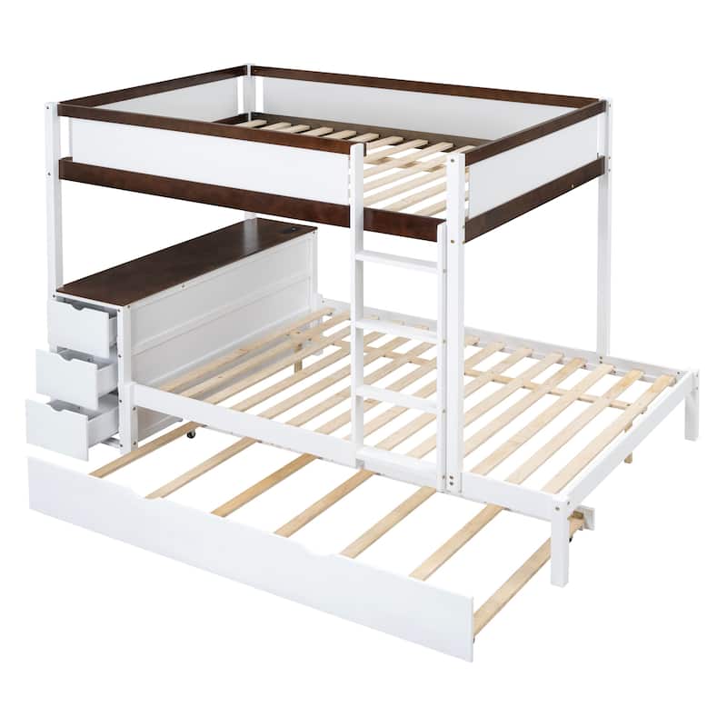 White+Walnut Full over Full Bunk Bed with Trundle, Drawers & Desk