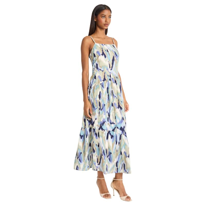 Square Neck Sleeveless Tiered Maxi Dress With Spaghetti Straps And Back Zipper - Dusty Aqua/Sage - 0