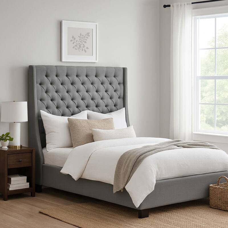 Zoa King Size Bed in Dark Gray Linen Upholstery, Wingback Headboard