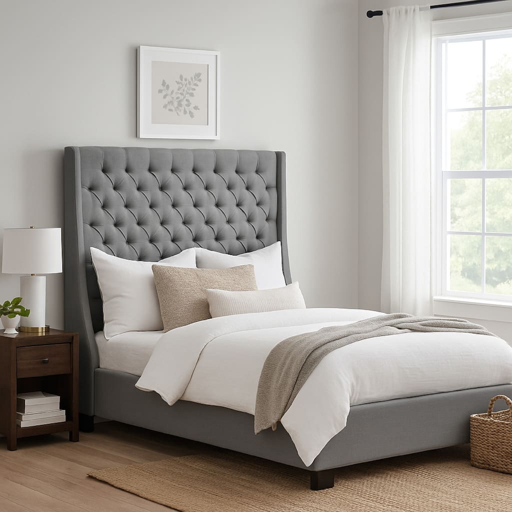 Zoa King Size Bed in Dark Gray Linen Upholstery, Wingback Headboard