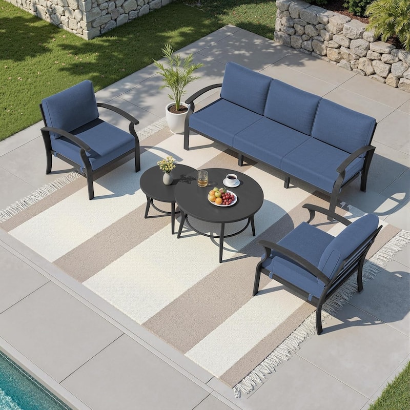 Kullavik Aluminum Outdoor Patio Sectional Sofa Set with Swivel Rocking Chairs and Coffee Table - Navy - 5-Seats-Round Table