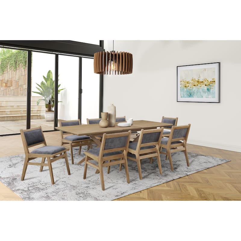 Mid-Century Modern Wood Rectangular Extension Kitchen Dining Table and Eight Chairs, Brown