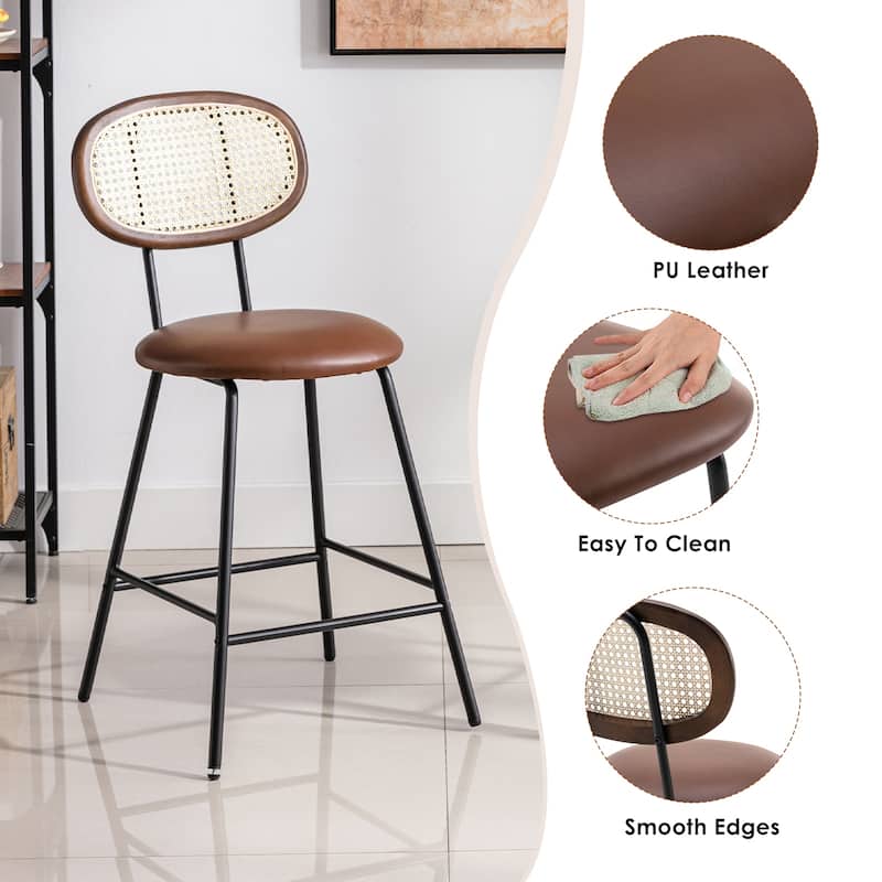 Counter Stools Set of 4, Metal Counter Height Barstools for Home, Faux Leather Counter Stool with Rattan Backrest