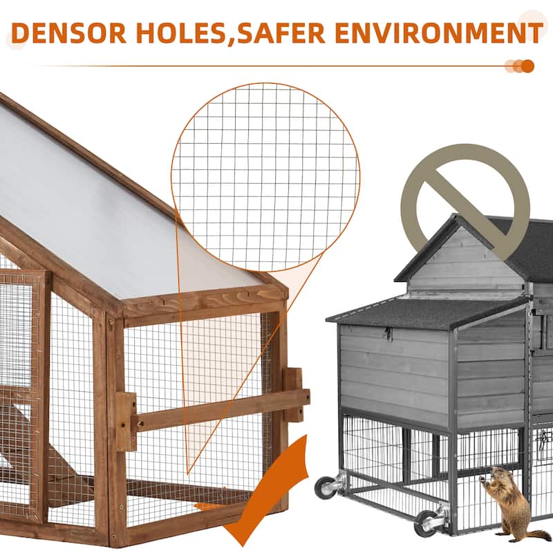 EROMMY Wooden Chicken Coop – 71” Mobile Poultry Tractor with Nesting Box, Wheels, Waterproof Roof & Pull-Out Tray - 71"x29"