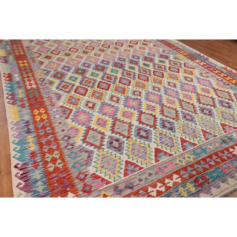 Flat Weave Geometric Kilim Oriental Large Rug Flatweave Wool Carpet - 10'1" x 15'11"